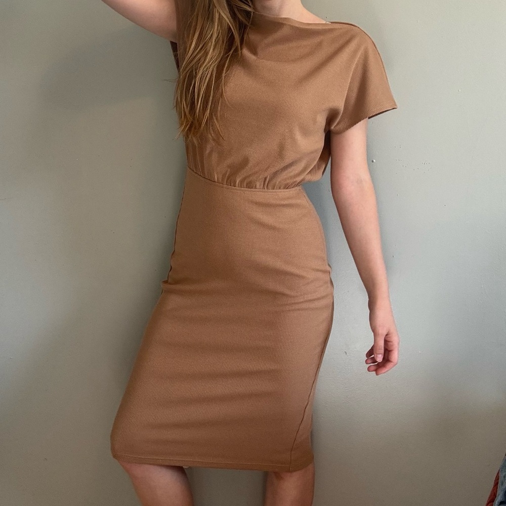 MEROKEETY Brown Cowl Neck Midi Bodycon Dress - Picture 5 of 5